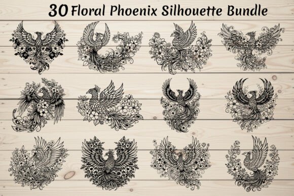 30 Floral Phoenix Silhouette Bundle for Graphics and Crafts