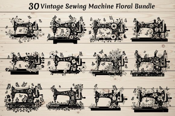 30 Vintage Sewing Machine Floral Bundle for Crafts and Graphics