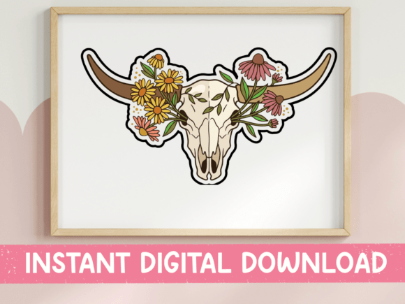 Floral Cow Skull Western Sticker Design for Graphics and T-Shirt Designs
