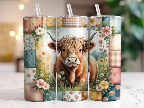 Floral Western Highland Cow Graphics for Tumbler Wraps