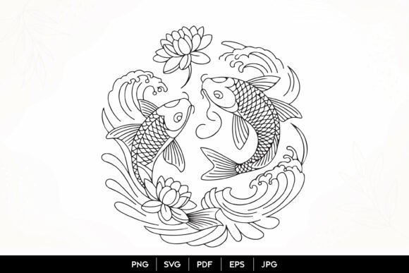 Koi Fish Lotus Line Art: Graphics & Illustrations