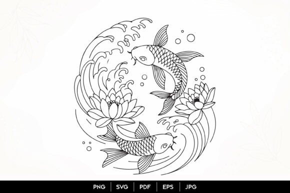 Koi Fish Lotus Wave Line Art: Graphics & Illustrations