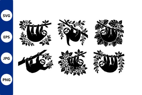 Sloth Hanging in Flowers Vector Illustration for Graphics