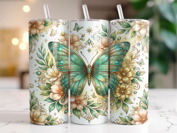 Teal Gold Butterfly Floral Tumbler Wrap Graphics